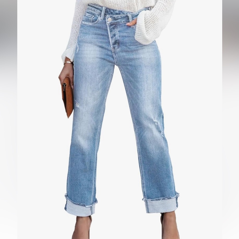 SIZE L High Rise Cross Front Boyfriend Distressed Stretchy Denim Jeans MINT
